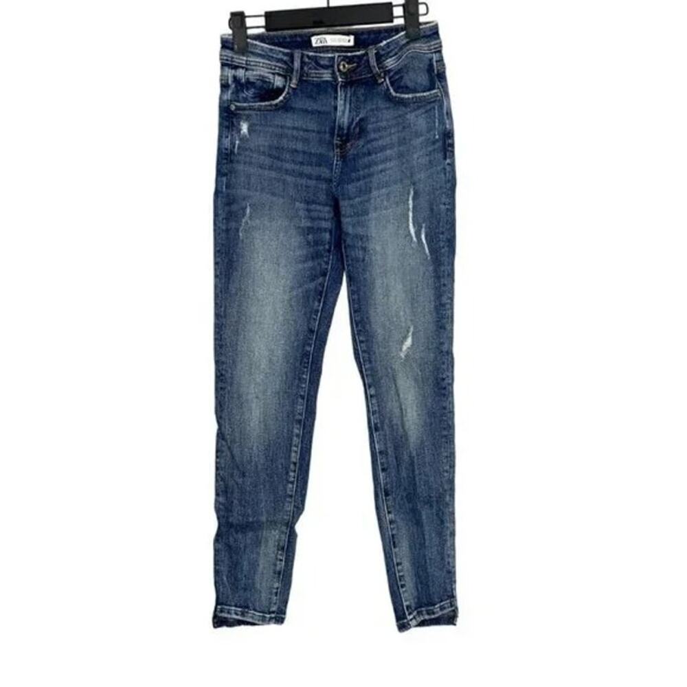 ZARA Cotton Skinny Mid Rise Distressed Stretch Casual Jean Hem Side Slits 2 Blue - Picture 14 of 15